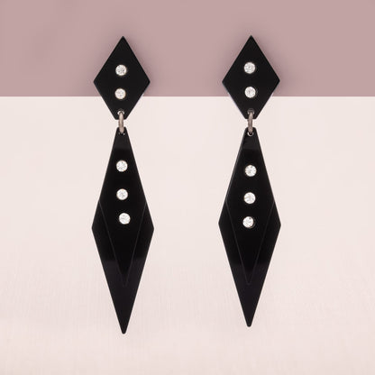 Vintage-Ohrclips-schwarz-Rauten-Hänger-Kunststoff-Strass-1980er-Art-Deco