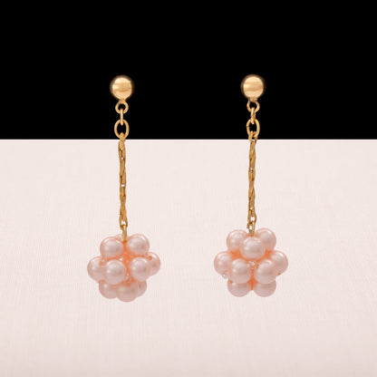 Vintage-Ohrringe-schwingende-Hänger-rosa-Perlen-Kugel-vergoldete-Kette