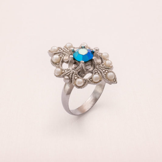 Vintage-Ring-Perlen-Aurora-Borealis-Strassstein-blau-größenverstellbar