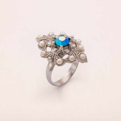 Vintage-Ring-Perlen-Aurora-Borealis-Strassstein-blau-größenverstellbar