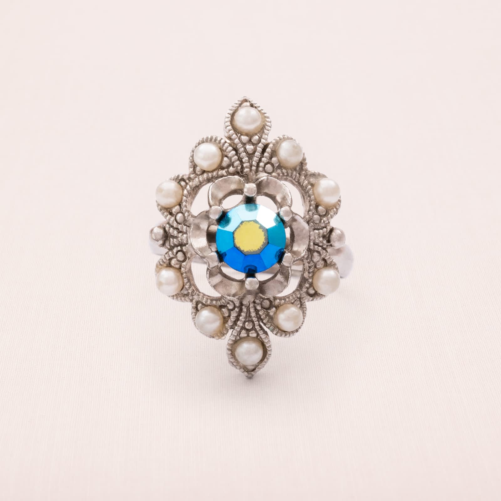 Vintage-Ring-Perlen-Aurora-Borealis-Strassstein-blau-größenverstellbar