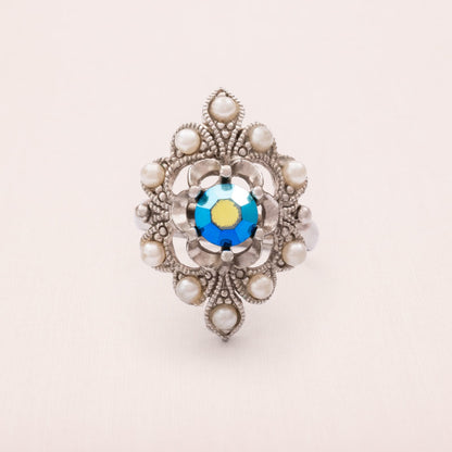 Vintage-Ring-Perlen-Aurora-Borealis-Strassstein-blau-größenverstellbar