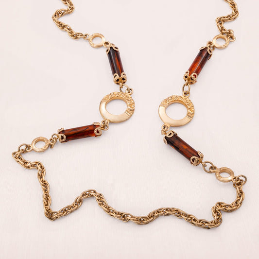 Sarah-Coventry-lange-Halskette-braune-Stäbchen-vergoldete-Ringe-1975