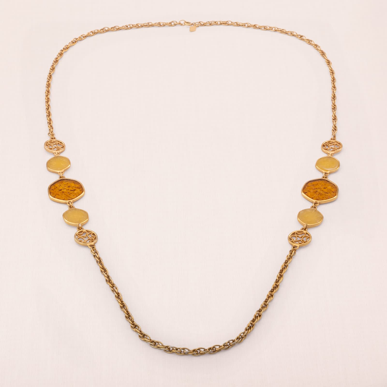 Sarah-Coventry-Halskette-lang-Kordelkette-Plättchen-braun-gelb-1974