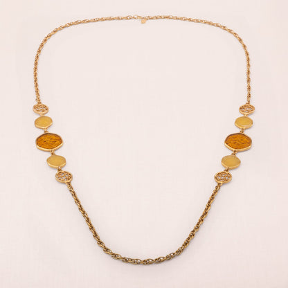 Sarah-Coventry-Halskette-lang-Kordelkette-Plättchen-braun-gelb-1974