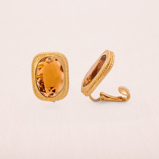 Sarah-Coventry-Ohrclips-1967-viereckige-vergoldete-Fassung-Kristall-braun