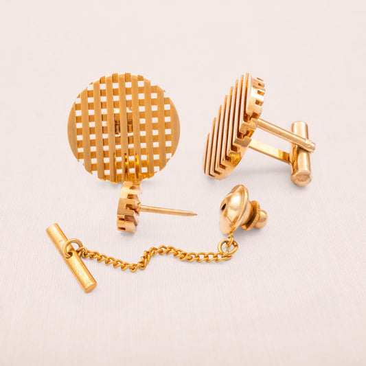 Set-Manschettenknöpfe-Krawattenpin-rund-vergoldet