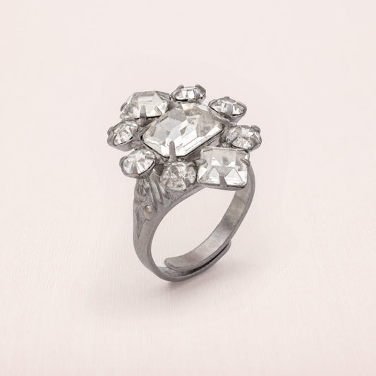 Vintage-Strass-Ring-1950er-Jahre-eckige-runde-Strasssteine