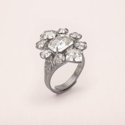 Vintage-Strass-Ring-1950er-Jahre-eckige-runde-Strasssteine