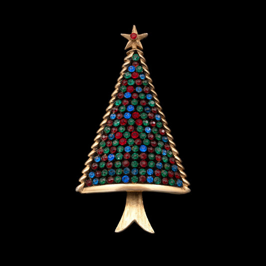Weihnachtsbaum-Brosche-1960er-Jahre-vergoldet-bunte-Strasssteine