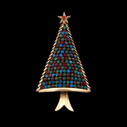 Weihnachtsbaum-Brosche-1960er-Jahre-vergoldet-bunte-Strasssteine