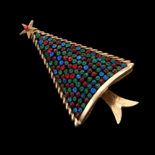 Weihnachtsbaum-Brosche-1960er-Jahre-vergoldet-bunte-Strasssteine