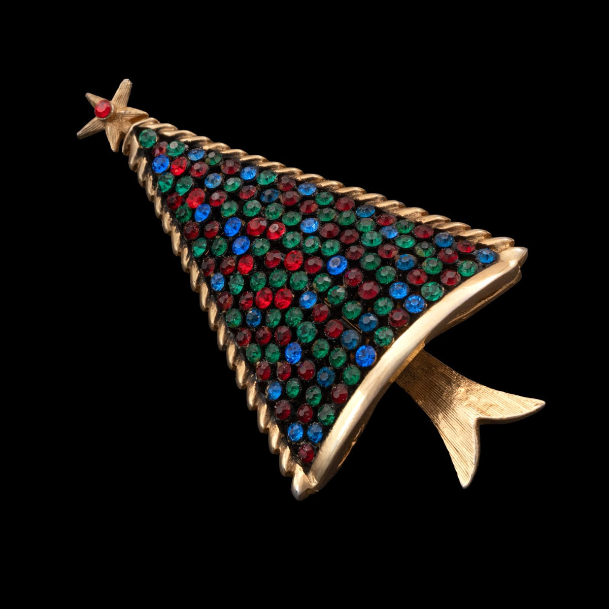 Weihnachtsbaum-Brosche-1960er-Jahre-vergoldet-bunte-Strasssteine