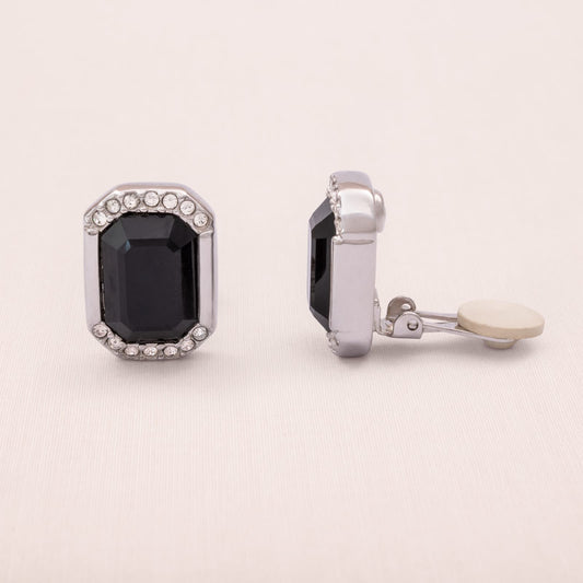 Swarovski-Ohrclips-achteckig-großer-Kristall-schwarz-silberfarbene-Fassung