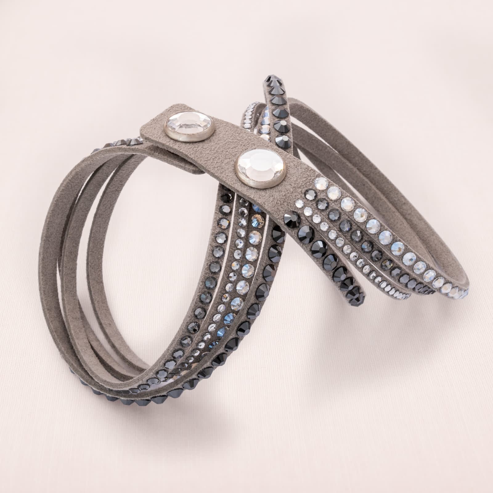Vintage-Designer-Modeschmuck-Swarovski-Armband-Halskette-Leder-grau-Find-Vintage-Beauty