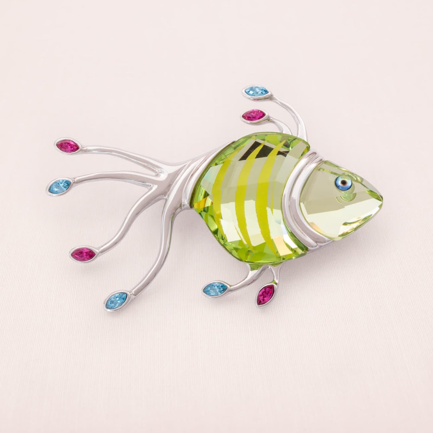Swarovski-Brosche-tropischer-Fisch-grüner-Kristall-Navettesteine-pink-blau