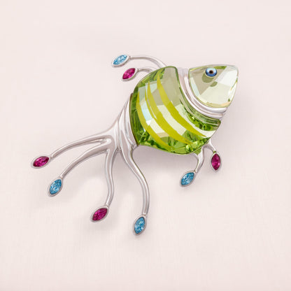 Swarovski-Brosche-tropischer-Fisch-grüner-Kristall-Navettesteine-pink-blau