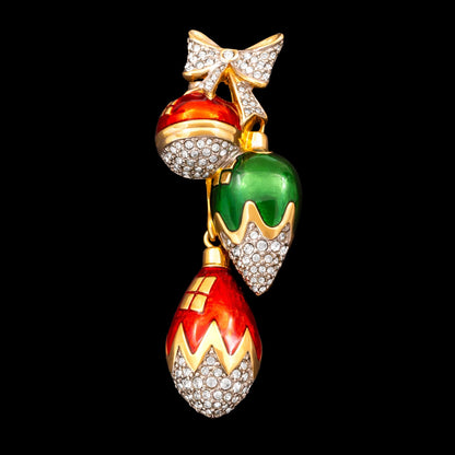 Swarovski-Brosche-Weihnachtskugeln-Schleife-Emaille-rot-grün-klassische-Kristalle