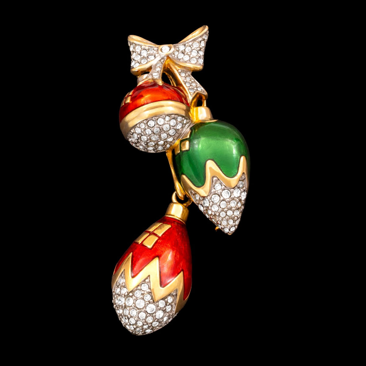 Swarovski-Brosche-Weihnachtskugeln-Schleife-Emaille-rot-grün-klassische-Kristalle