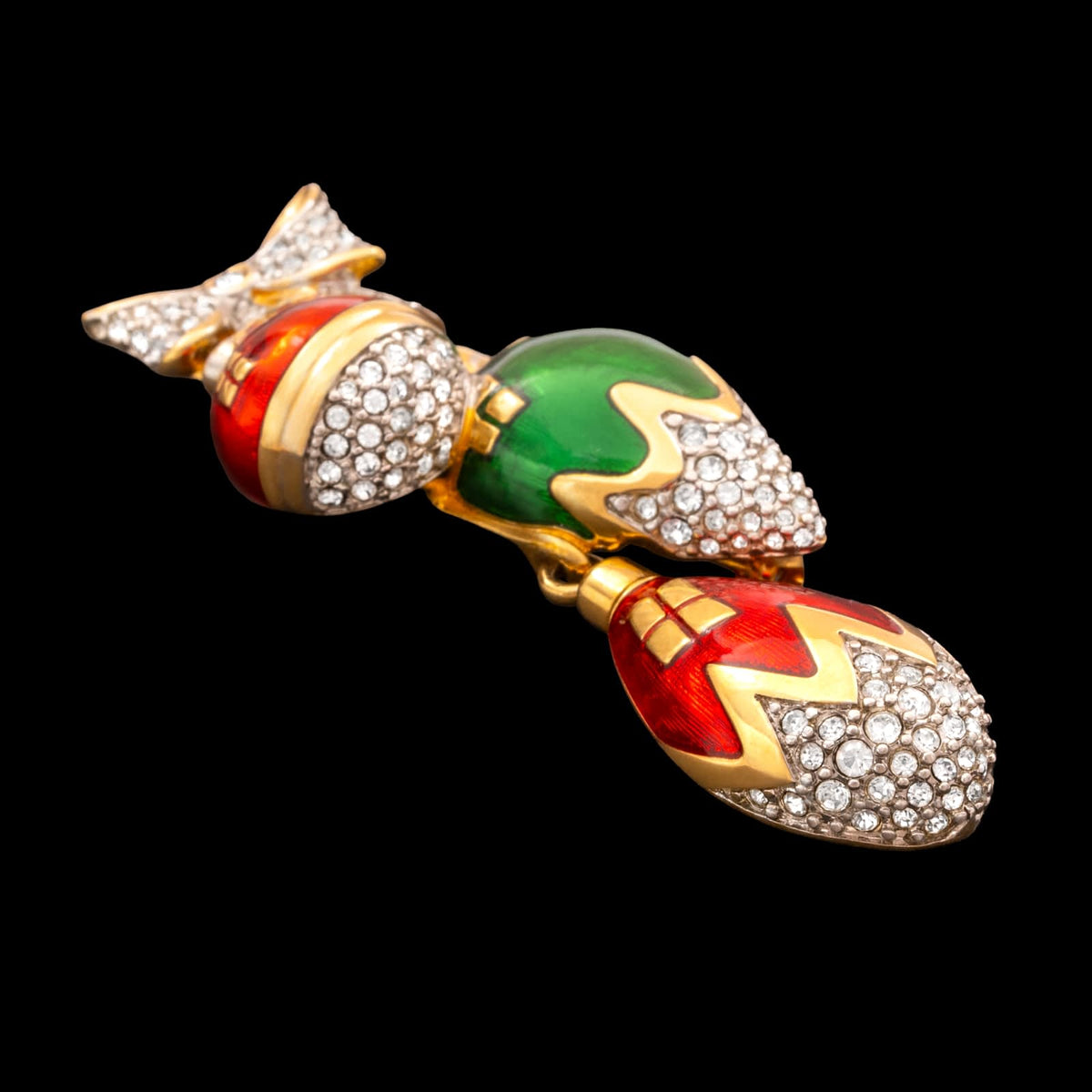 Swarovski-Brosche-Weihnachtskugeln-Schleife-Emaille-rot-grün-klassische-Kristalle