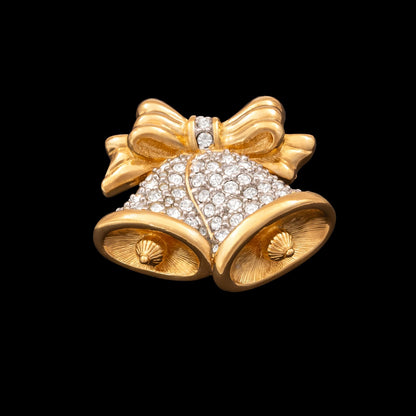 Swarovski-Brosche-Weihnahtsglocken-kristallbesetzt-vergoldete-Schleife