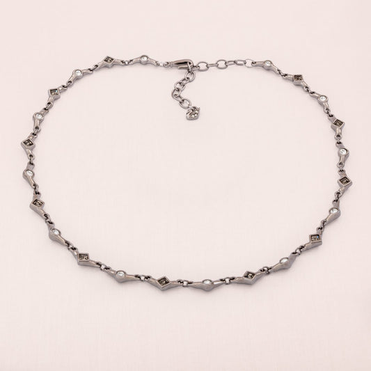 Vintage-Designer-Modeschmuck-Swarovski-Halskette-Gunmetal-Kristalle-grau-Find-Vintage-Beauty