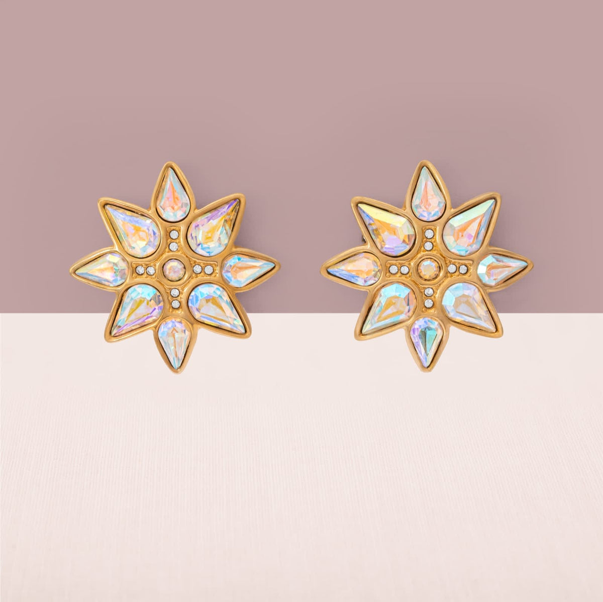 Swarovski-Ohrclips-Sterndesign-vergoldet-Aurora-Borealis-Kristalle