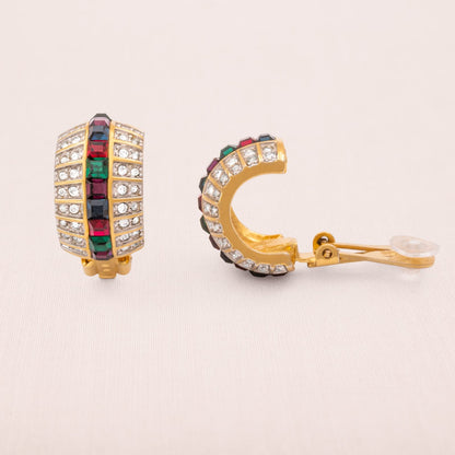 Swarovski-Ohrclips-Halbkreolen-vergoldet-kristallbesetzt-bunte-eckige-Kristalle