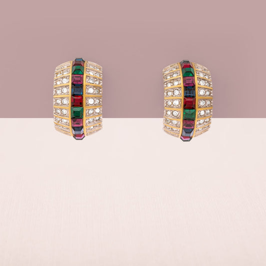 Swarovski-Ohrclips-Halbkreolen-vergoldet-kristallbesetzt-bunte-eckige-Kristalle