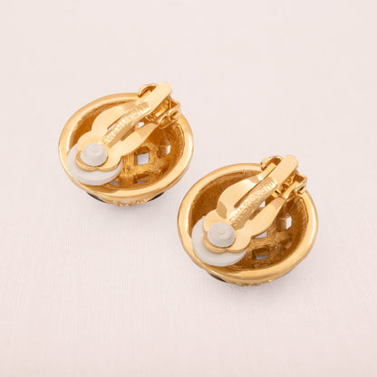 SWAROVSKI Ohrclips Halbkugel Flechtmuster schwarze Emaille Kristalle Vintage Schmuck