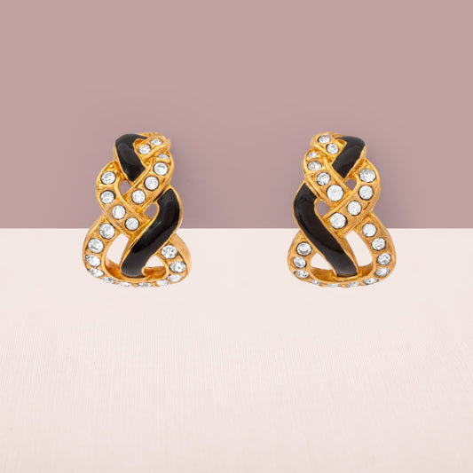 Swarovski-Ohrringe-Halbkreolen-Flechtdesign-vergoldet-schwarze-Emaille-Kristalle