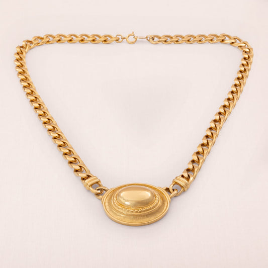 Trifari-Halskette-klobige-Gliederkette-vergoldet-ovaler-Anhänger