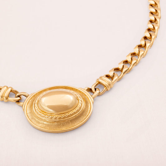 Trifari-Halskette-klobige-Gliederkette-vergoldet-ovaler-Anhänger