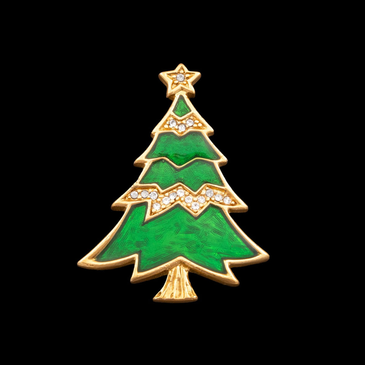 Trifari-Weihnachtsbaum-Brosche-vergoldet-grüne-Emaille-Kristalle