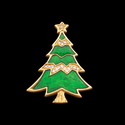Trifari-Weihnachtsbaum-Brosche-vergoldet-grüne-Emaille-Kristalle