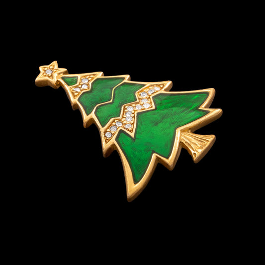 Trifari-Weihnachtsbaum-Brosche-vergoldet-grüne-Emaille-Kristalle