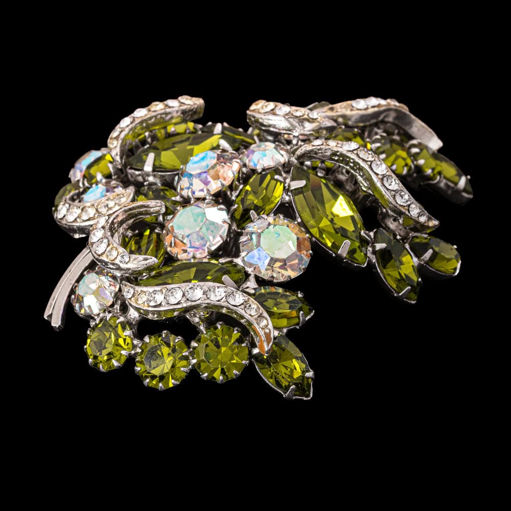 Continental-Brosche-Navette-Strass-Aurora-Borealis-grün