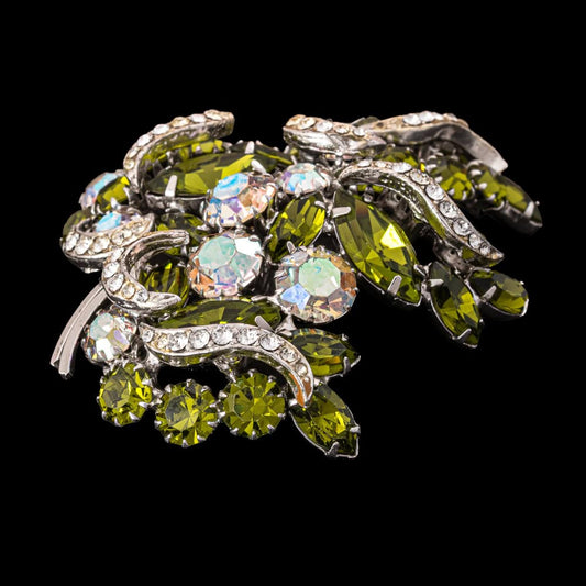 Continental-Brosche-Navette-Strass-Aurora-Borealis-grün
