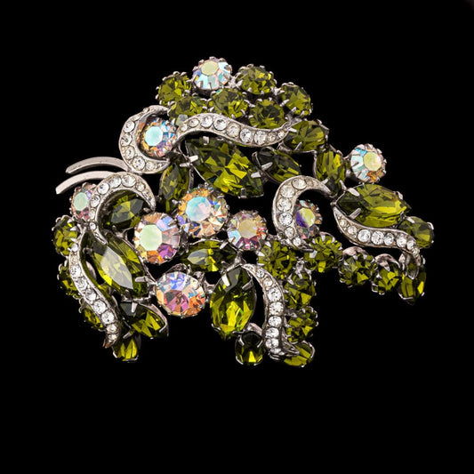 Continental-Brosche-Navette-Strass-Aurora-Borealis-grün