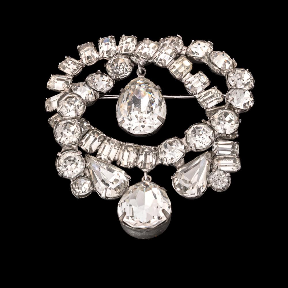 Eisenberg-Brosche-Strass-Achtecksteine-Tropfenhänger