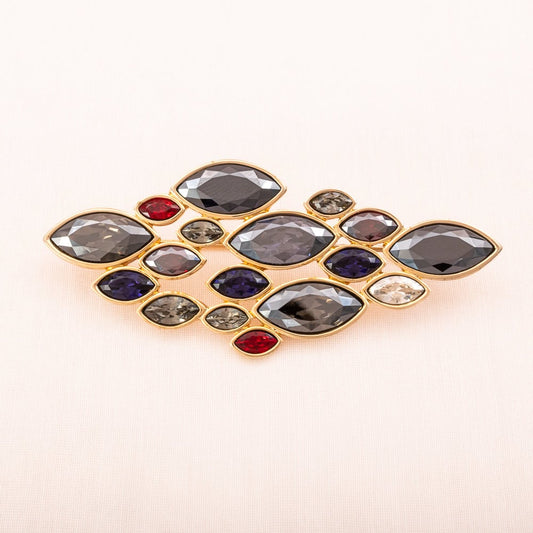 Swarovski-Brosche-abstrakte-Form-Navette-Kristalle-grau-rot-violett