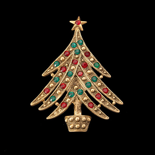 Brosche-Weihnachtsbaum-vergoldet-Strass-Rot-Grün