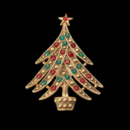 Brosche-Weihnachtsbaum-vergoldet-Strass-Rot-Grün