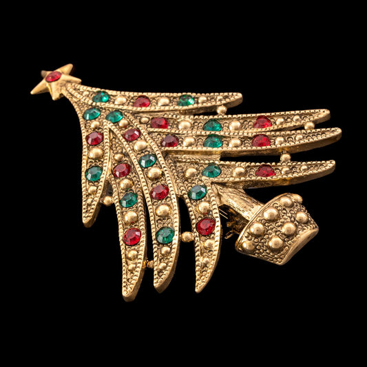 Brosche-Weihnachtsbaum-vergoldet-Strass-Rot-Grün