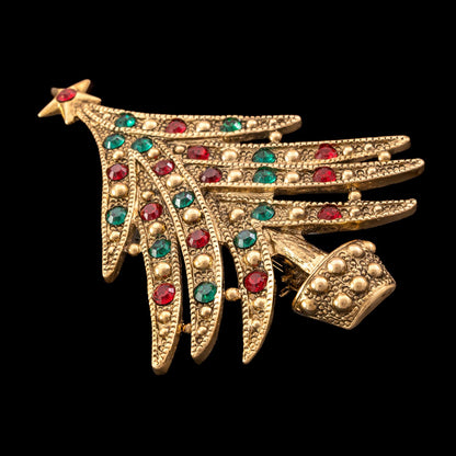 Brosche-Weihnachtsbaum-vergoldet-Strass-Rot-Grün