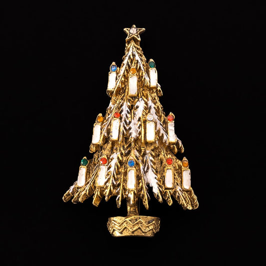 ART-Weihnachtsbaum-Brosche-goldfarben-weiße-Kerzen-bunte-Strasssteine