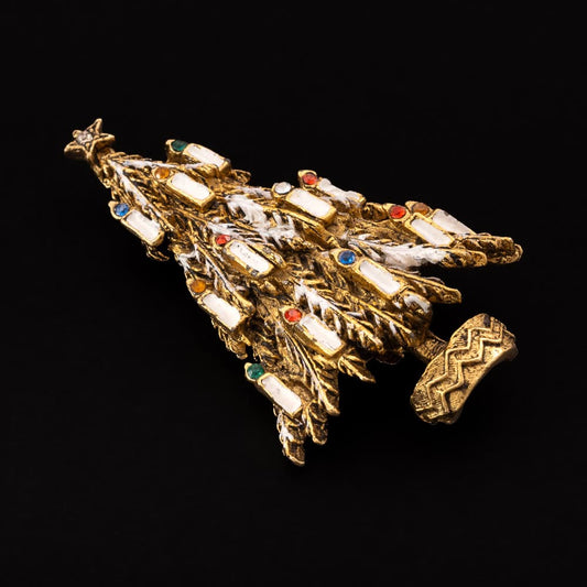 ART-Weihnachtsbaum-Brosche-goldfarben-weiße-Kerzen-bunte-Strasssteine