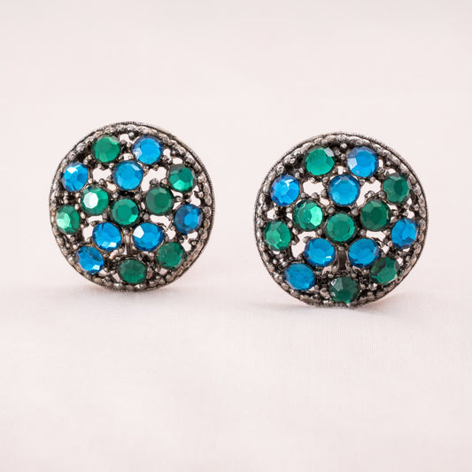 Albert-Weiss-runde-Ohrclips-silberfarben-mit-grünen-und-blauen-Strasssteinen
