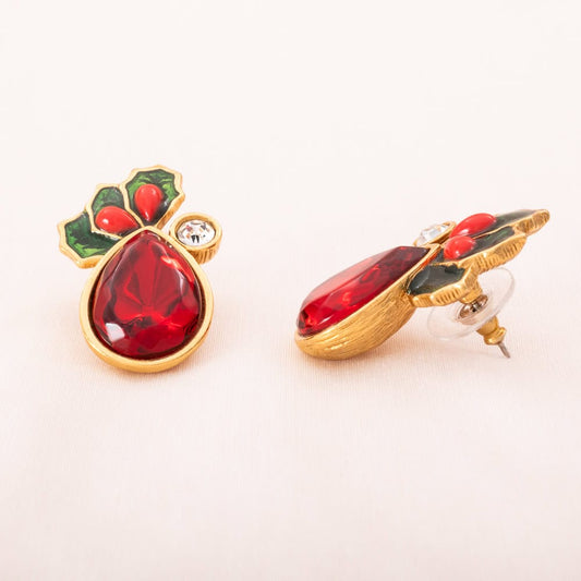 Avon-Ohrringe-Weihnachten-großer-roter-Tropfen-Kristall-Stechpalmen-verziert