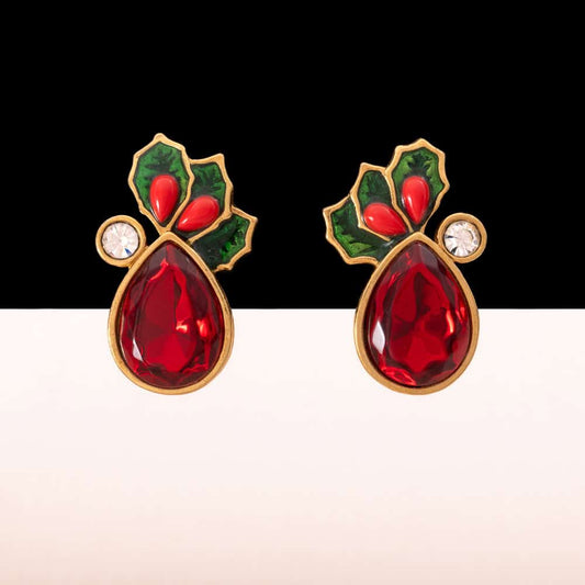 Avon-Ohrringe-Weihnachten-großer-roter-Tropfen-Kristall-Stechpalmen-verziert